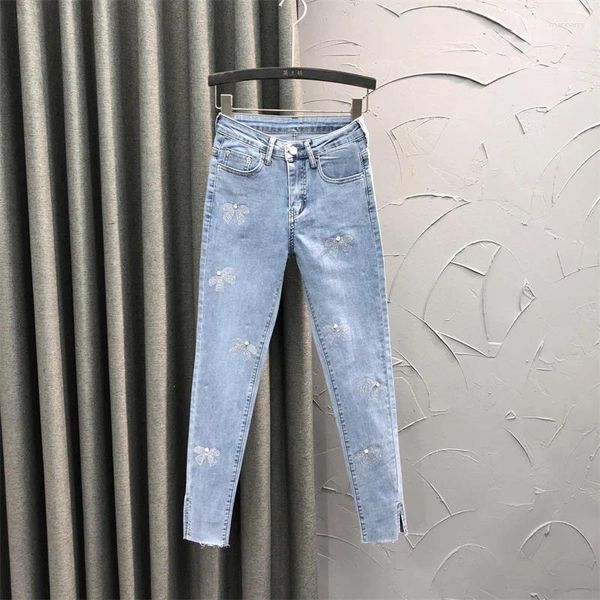 Jeans de mujeres Diamantes Peques pequeños para mujeres 2024 Pantalones de lápiz de lápiz del gemión delgada de la cintura delgada de primavera