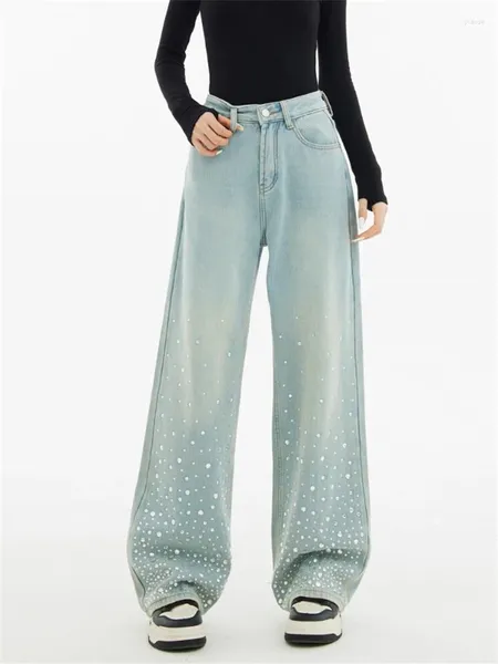 Pantalones vaqueros de mujer con diseño de estrella de diamante, pantalones vaqueros de cintura alta azul bebé estilo callejero, pantalones rectos informales de pierna ancha para mujer