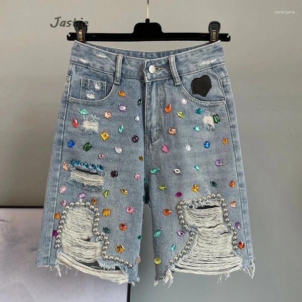 Jeans pour femmes diamant clouted haute taille en denim shorts streetwear poche d'été pantalon hétéro de mode en difficulté 2024