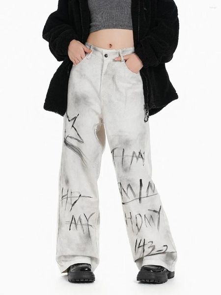 Jeans pour femmes sale grunge graffiti denim blanc pour femmes filles y2k en détresse punk goth pantalon large pantalon streetwear