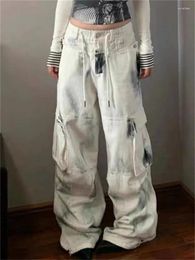 Damesjeans Dirty White Elastic Drawstring Vintage Street Cool Girl High Taille Pants vrouwelijke casual rechte denim broek