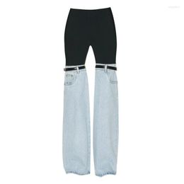 Jeans da donna DISCVRY Moda Donna Vita alta Patchwork dritto Fibbia in pelle PU Streetwear Pantaloni in denim Primavera 2023 Trend