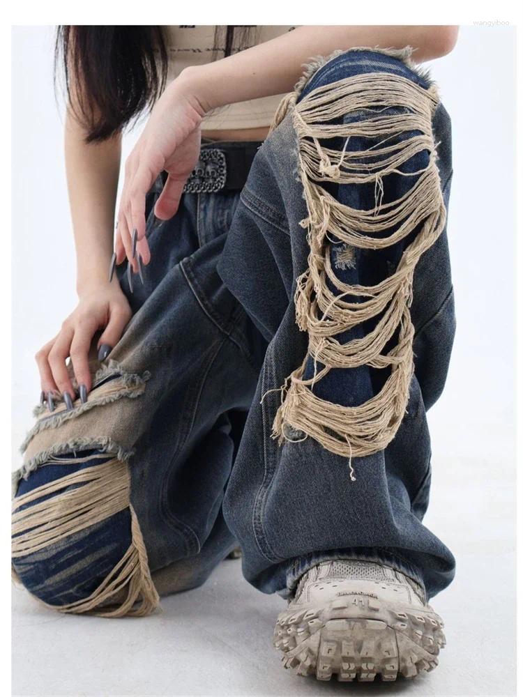 Kvinnors jeans nödställda design lapptäcke hole street unisex stil bred benbyxor hög midja rak denim byxor 3xl