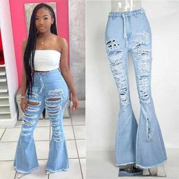 Jeans pour femmes en détresse étirement étendue évasée pour les femmes pantalon de taille haute élasticité déchirée