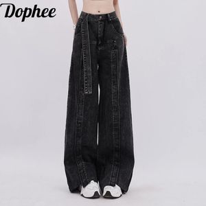Jeans pour femmes Dophee American Style High Street pour les femmes 2024 Personnalité printanier Lace-Up Floor Pantalon Denim Loose