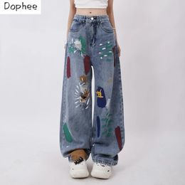 Jeans pour femmes dophee automne dopamine pour femmes graffiti trou pantalon droit en vrac entièrement par correspondance