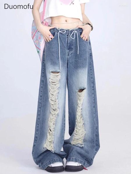 Jeans Femme Duomofu Été Chic Creux Out Droite Lâche Casual Femmes Basic Pleine Longueur Mode Simple S-XL Femelle Pantalon à Jambes Larges