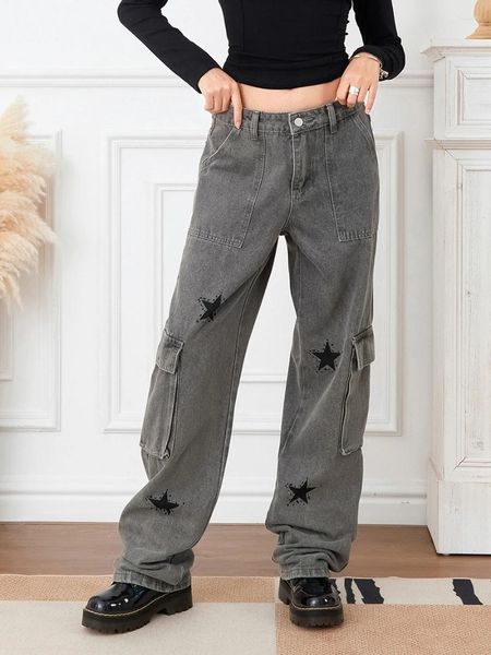 Jeans pour femmes Duoyunn Femmes Large Jambe Baggy Mode High Rise Boyfriend Star Loose Fit Denim Pantalon Droit Maman Y2K Streetwear