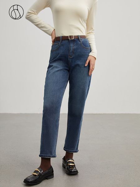 Jeans pour femmes DUSHU Femmes Rétro Bleu Foncé Jeans Recadrés Épaissir Coton Élastique Denim Pantalon Décontracté Poche Arrière Imprimer Conception Maigre Jean 230308