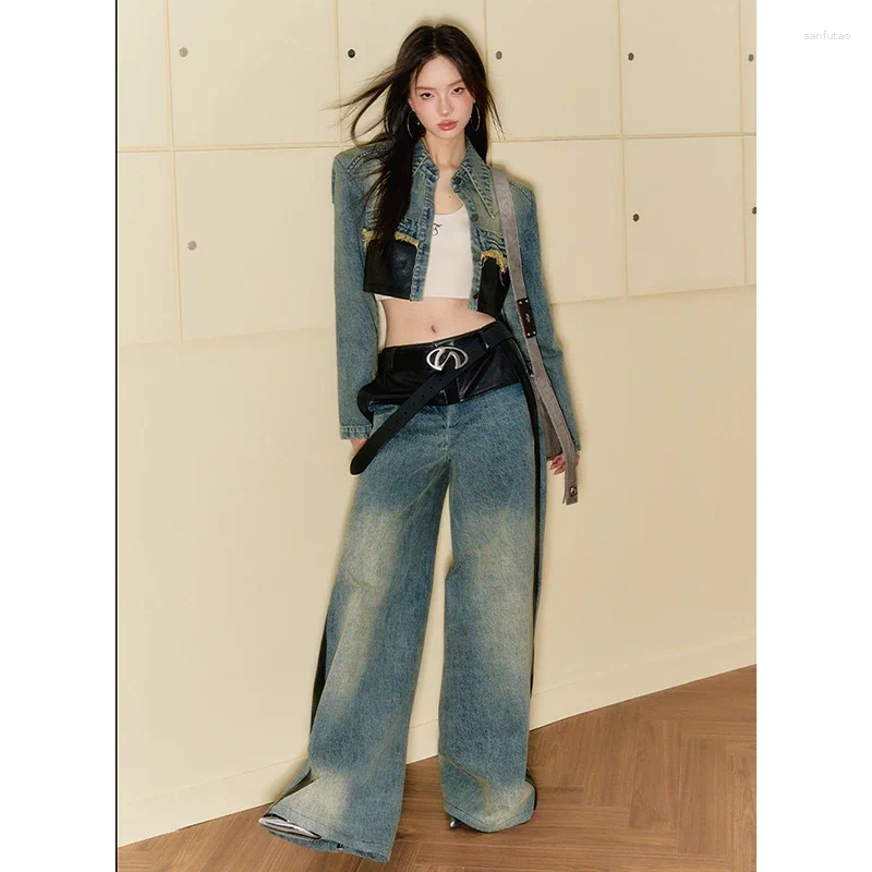 Women's Jeans E-girl Blue High Waist Hip Hop Straight Fashion Pant Streetwear Harajuku Y2K Spliced Female Wide Leg Denim Trouser