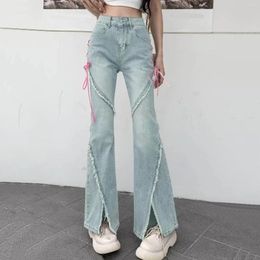 Damesjeans E-girl lange broek Mode Koreaanse stijl Roze trekkoord Bandage Flare Hoge taille Denim broek met splitten