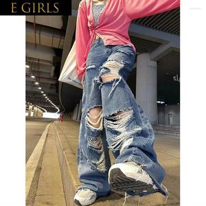 Jeans féminins E Girls Streetwear Pantalon droit des dames Ripped High Wide Jame Y2k Plus Size Street