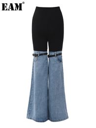 Jeans da donna EAM Vita alta Blu Colorblock Denim Pantaloni larghi larghi a gamba larga Moda Primavera Autunno 2023 1DF3897 230324