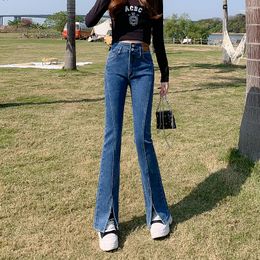 Jeans para mujer principios de otoño damas hendidura diseñador moda delgado elástico cintura alta acampanado pantalones de mezclilla hembra streetwear azul negro