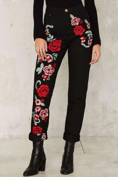 Jeans para mujeres a principios de primavera y otoño Bordado en color de la cintura alta Rose Street Net Red Denim Pantalones rectos