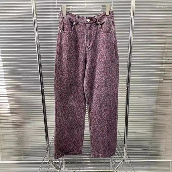 Jeans pour femmes Début du printemps Y2K Violet Imprimé Léopard Femmes Lavé Coton Tissu Large Jambe Denim Pantalon Streetwear Mode