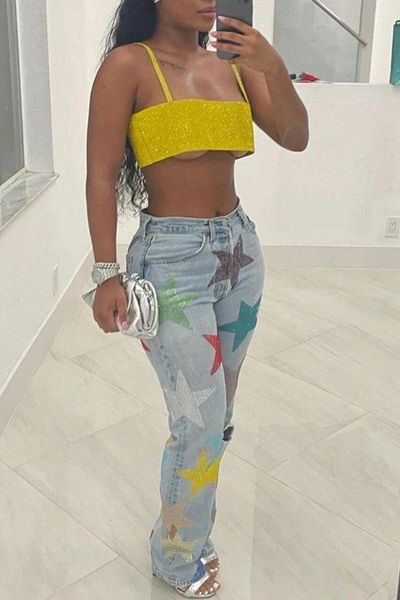 Jeans femme Echoine taille haute paillettes étoiles Denim pantalon trou crayon maigre Streetwear été bleu Clubwear femmes pantalons