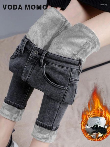 Jeans para mujeres elásticos altos cintura casual grueso pantalón de vellón