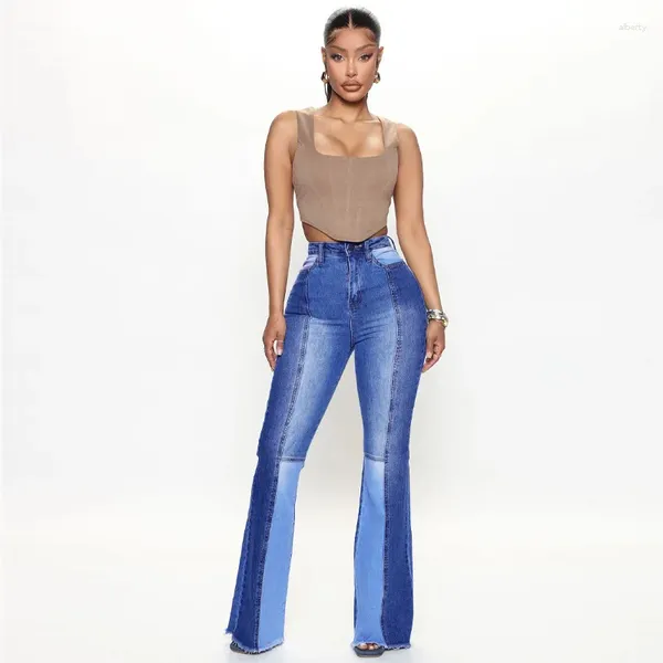 Jean taille haute élastique pour femmes, pantalon évasé en Patchwork, double couleur, à la mode, levage des fesses, coupe Slim, Style Sexy