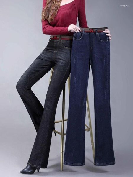 Jeans para mujeres Cintura elástica azul delgada para mujeres 2024 Spring suelto talla grande de talla alta adelgazamiento pantalones de campana de campana