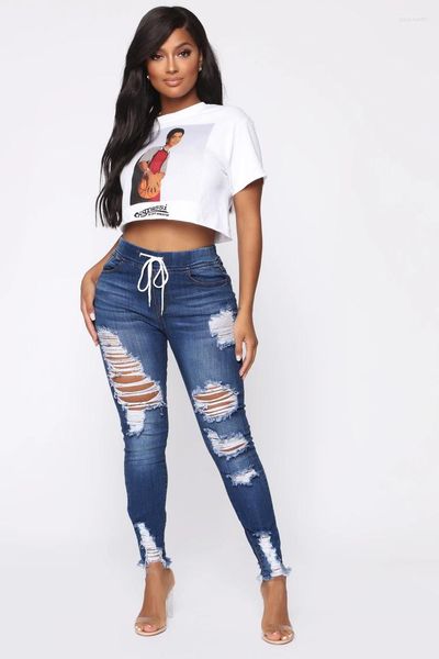 Jeans pour femmes Taille élastique Femmes Longue taille haute Trou Slim Mince Petits pieds Cravate Pantalon Mode Casual Pantalon de rue Lavage à l'eau