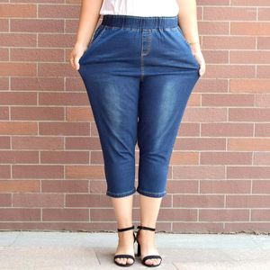 Jeans femme élégant été élastique taille haute femmes décontracté Streewear 3xl-9xl Demin mollet longueur bleu femme H283
