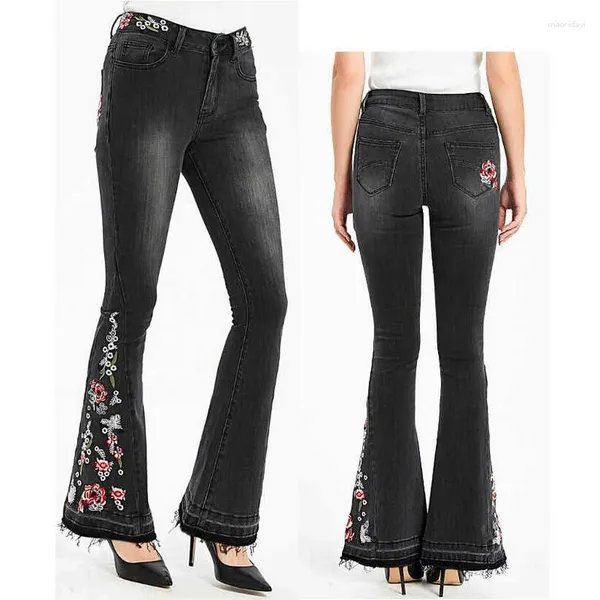 Jeans para mujeres Flor bordada pantalones acampanados de la cintura elástica y2k