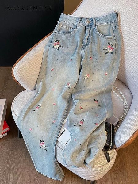 Jeans de mujer Flor bordada Mujeres 2024 Primavera y otoño Retro suelto Casual de cintura alta OL Dulce Moda Pantalones de pierna ancha