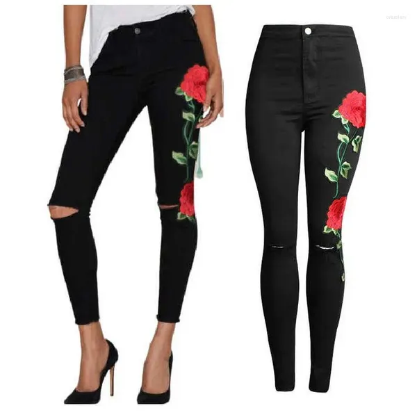 Pantalones bordados de jeans para mujeres rosas rosas con cintura negra con lápiz