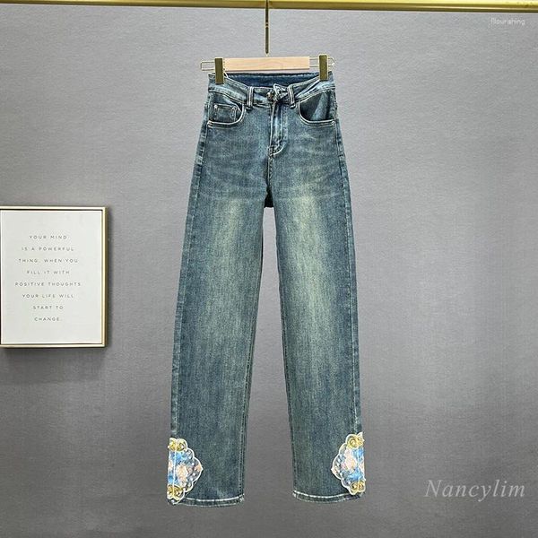 Jeans pour femmes broderie pour femmes pantalons allongés 2024 printemps extensible taille haute amincissant BF style national pantalon droit