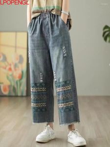 Damesjeans etnische stijl geborduurde denim rechte vrouwen lente en zomer losse gewassen versleten gescheurde casual enkellengte broek