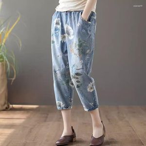 Jeans pour femmes Style ethnique Femme Mode d'été Imprimé Fleur Harem Pantalon 2023 Lâche Denim Taille élastique Vintage Longueur cheville