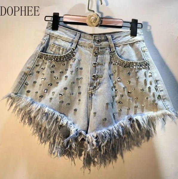 Jeans pour femmes Europe 2024 Summer Luxury Diamonds Beads Femmes Shorts denim Shiny Water Drill All-Match High Waist A-Line Lignet Ligne