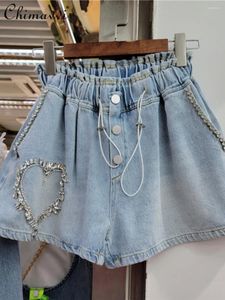 Damesjeans Europeaan 2024 Spring zomer Exquise Rhinestone Love High Taille Slim Wide Been Shorts Fashion Streetwear Denim