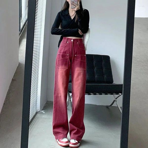 Jeans féminins style européen américain rétro vin rouge printemps automne marque tendance de la rue lâche pantalon de la jambe large et décontractée