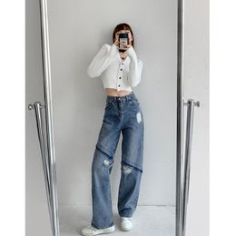 Jeans para mujer Estilo europeo americano Chicas picantes Costura diagonal Costuras Viejas rasgadas Primavera Otoño Cilindro recto Pantalones de trapeador 230223