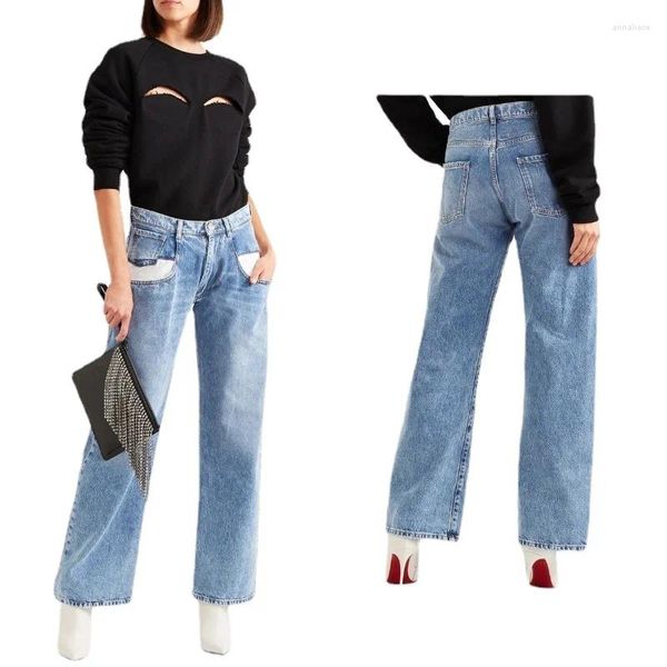 Jeans femeninos Europa y American Patch de bolsas de azulejos de cintura ligera de cintura alta contrastando pantalones de mezclilla rectos de pierna ancha para mujeres