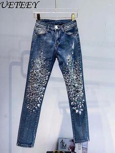 Jeans pour femmes marchandises européennes mode à la main à coudre en diamant pantalon en diamant brillant sexy minceur mincement slim fit skinny