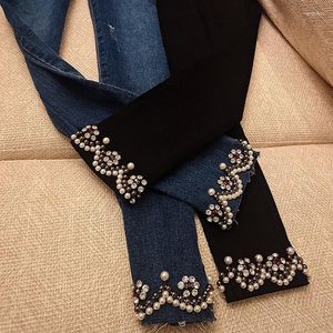 Jeans para mujeres European Floh Flower Nail Gead Winter Winter Pearl Engrosamiento de nueve puntos Leggings Pantalones de pie femenino