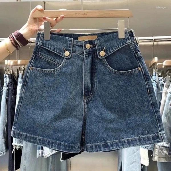Jeans pour femmes shorts en denim de conception haut de gamme européenne pantalon à jambes larges hautes avec des bords roulés tendance A-line
