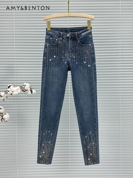 Jeans para mujeres European Skinny Women Spring and Summer High Winist Slim All-Match Ins Rhinestone Lápiz Pantalones Sexy Girl Mamá