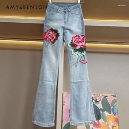 Dames jeans Europeaan station 2024 lente en zomer geborduurde lotus hoorn dames mode hoge taille strakke slanke bootcut broek