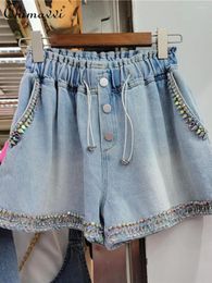 Damesjeans Europees Station 2024 Zomer Exquise Rhinestone kralen High Taille Shorts Fashion Streetwear Slim Wide Leg Denim Short Pants