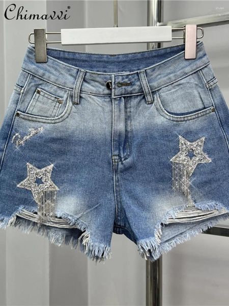 Jeans pour femmes shorts denim de la station européenne 2024 Fashion d'été Loose Slim Ripped Rhinestone Tassel A- Line Wide-leg Pantal