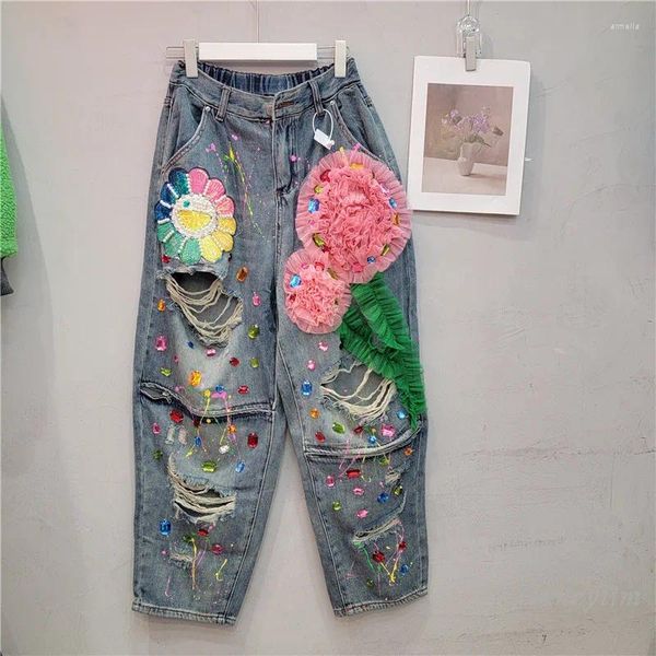 Jeans pour femmes Style européen Perles de l'industrie lourde Gem Femme Fleurs tridimensionnelles Élastique Taille haute Minceur Bleu Zip Ripped