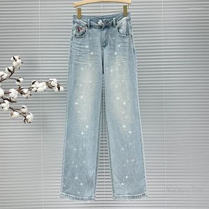 Jeans femeninos Mopping de estilo europeo para mujeres 2024 Pantalones de pierna bordada de rhinestone bordado de la cintura alta en la cintura de primavera