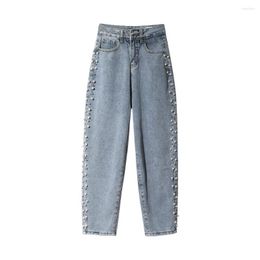 Jeans de femme style européen perle fille lâche 2023 printemps taille haute décontractée papa lanterne cheville bande denim pantalon streetwear femmes