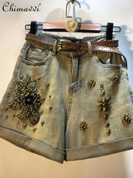 Jeans Femme Style Européen Été Perles Lourdes Brodées Fleur Denim Shorts Mode Taille Haute Slim Stretch Rétro Jean Pantalon Court