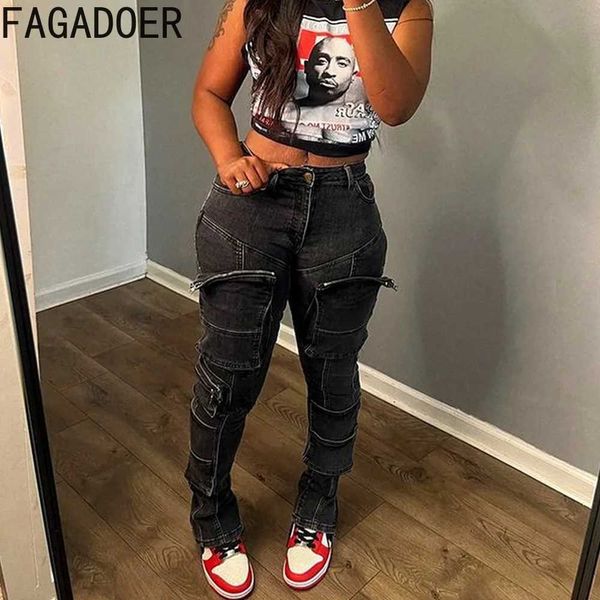 Jeans Femme FAGADOER noir Vintage mode jean serré femmes taille haute bouton poche pantalon décontracté femmes élastique jean bas J240217