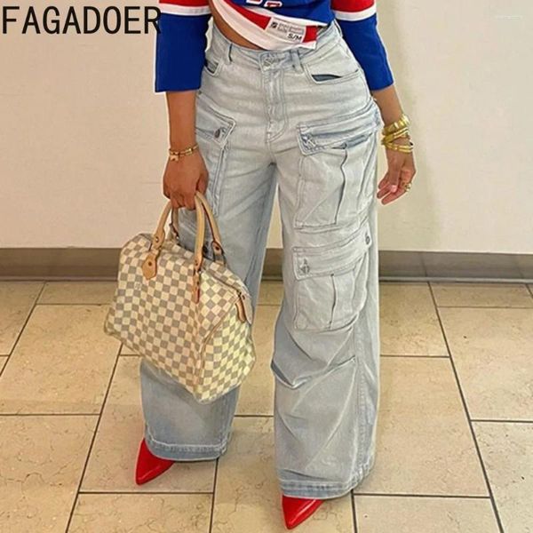 Jeans Femme Fagadoer Light Blue Casual Cargo Denim Pantalon Femmes Taille Haute Bouton Large Jambe Jean Automne Femme Poche Assortie Bas